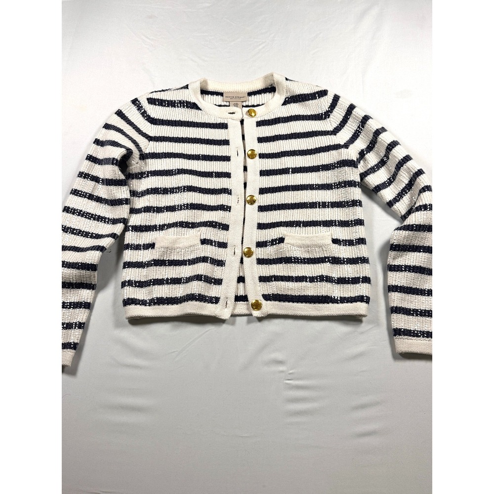 Martha Stewart Collection Sequin Striped Cardigan Sweater Navy White Gold XS